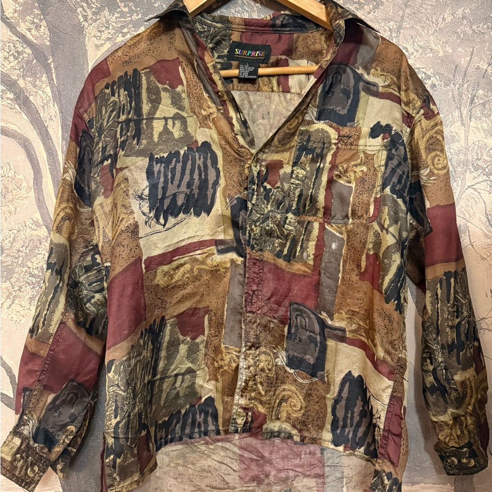 Deadstock Silk Vintage Abstract Print Button-Up Shirt - Rust & Olive